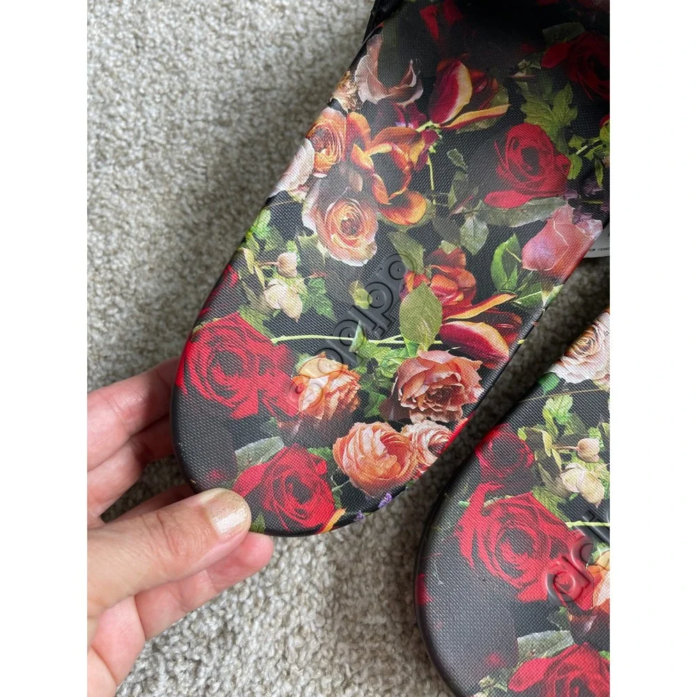 Adidas Adilette Comfort Slides Mens 18 Floral Rose Gold Stripes Sandals EG1850